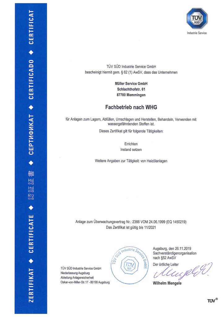 TÜV SÜD certificate. WHG.