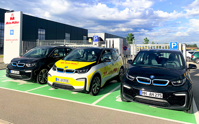 e-mobility Alois Müller Group. Three BMWs at the charging station in Ungerhausen